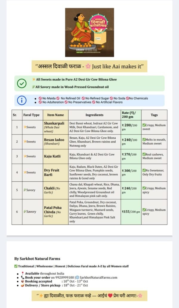 Diwali Faral rate card, Organic rate card, Diwali delights, Healthy delights, Wholesome, Women made,